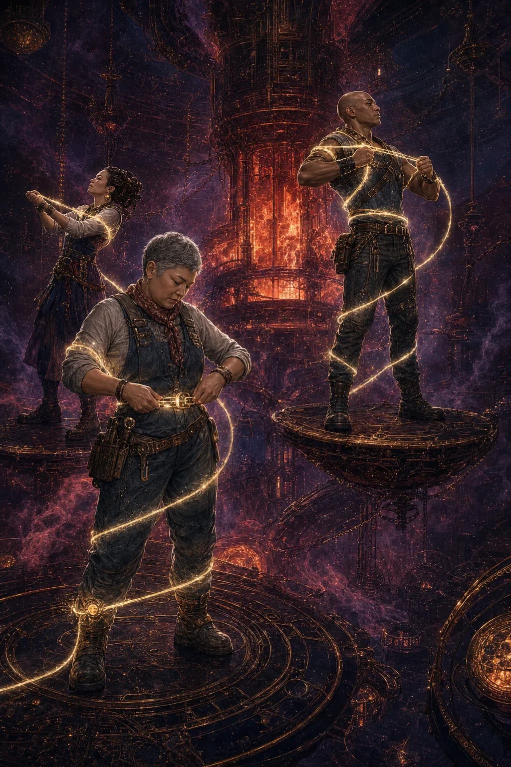 恶魔原创牌面:欲望炉前的人们被自己不断收紧的光索牵住,其中一人发现松扣